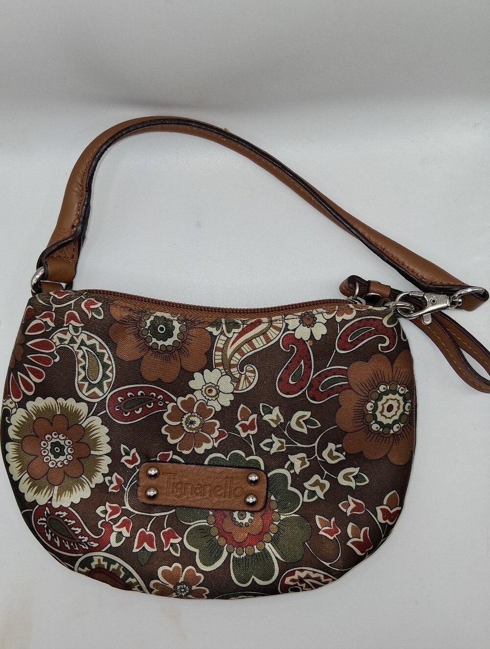 Tignanello Floral Paisley Small Shoulder Bag Wristlet Brown Earthy Boho Retro